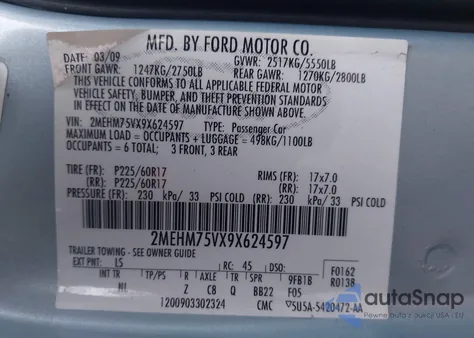 2009 Mercury Grand Marquis Ls (Fleet Only) z USA, uszkodzony, nr VIN 2MEHM75VX9X624597